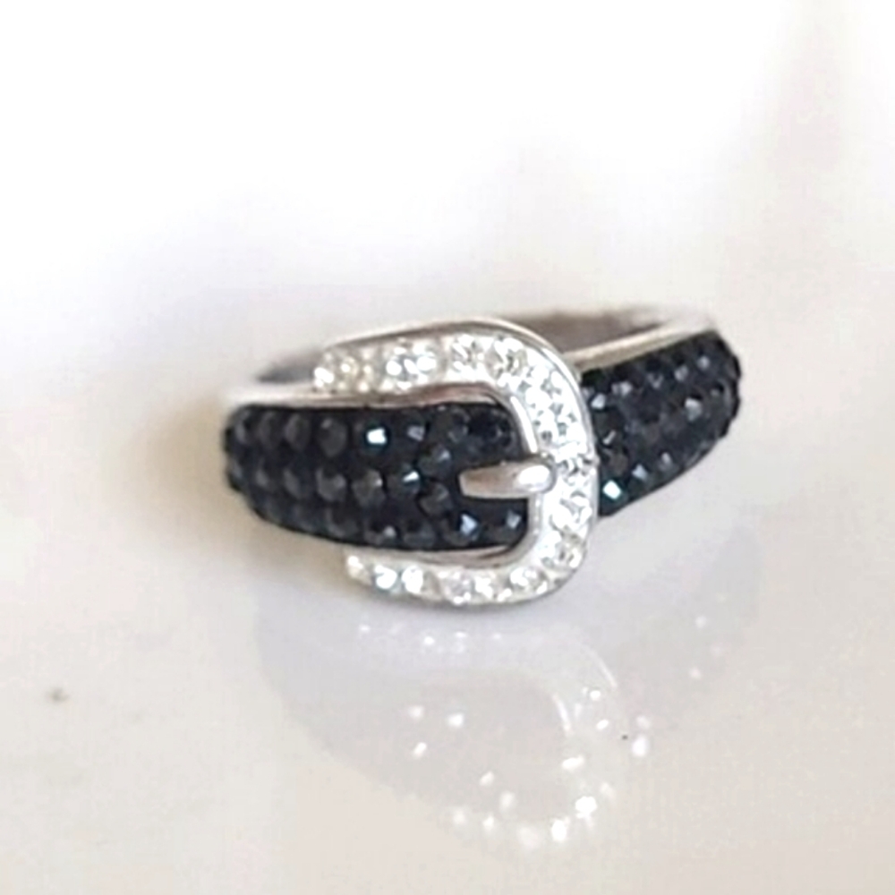 Vintage Boho Sterling Silver Black White Crystal Buckle Ring Size 9